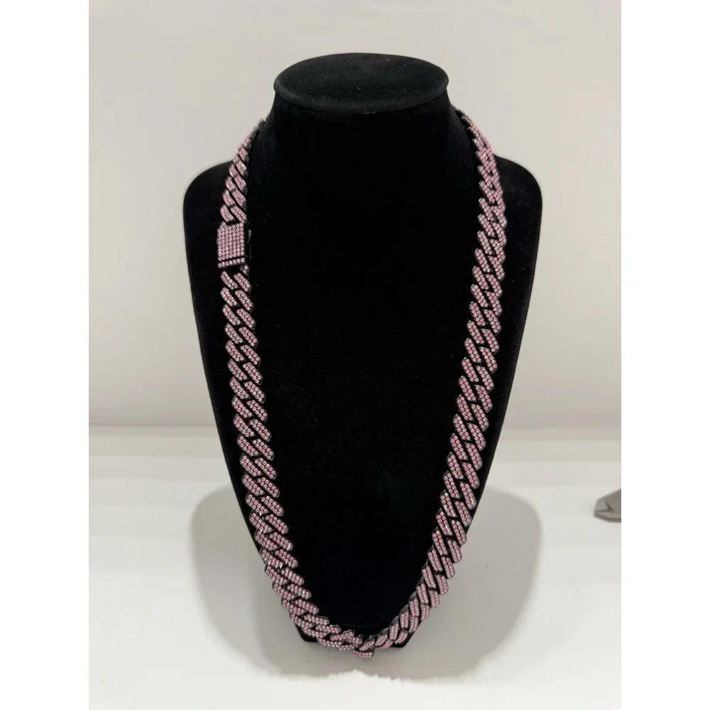 iced out cuban chain pink vvscz black over stainless 24in 14mm water resistant